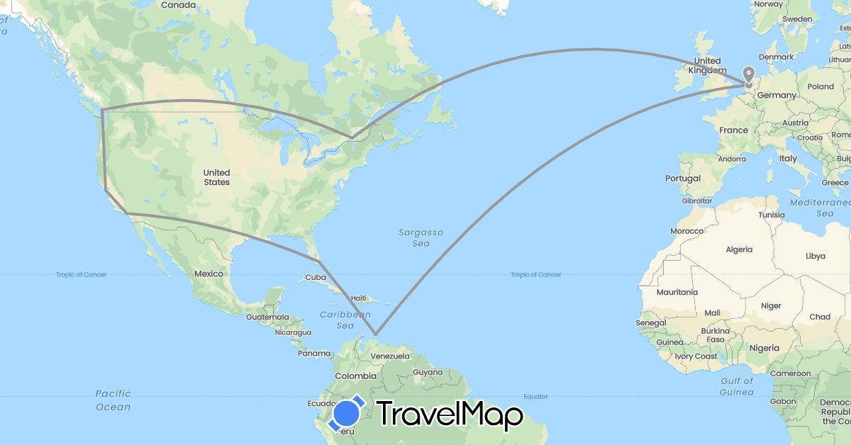 TravelMap itinerary: driving, plane in Canada, Netherlands, United States (Europe, North America)